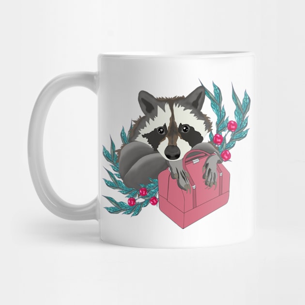 Fashionable raccoon with pink bag and flowers by KateQR